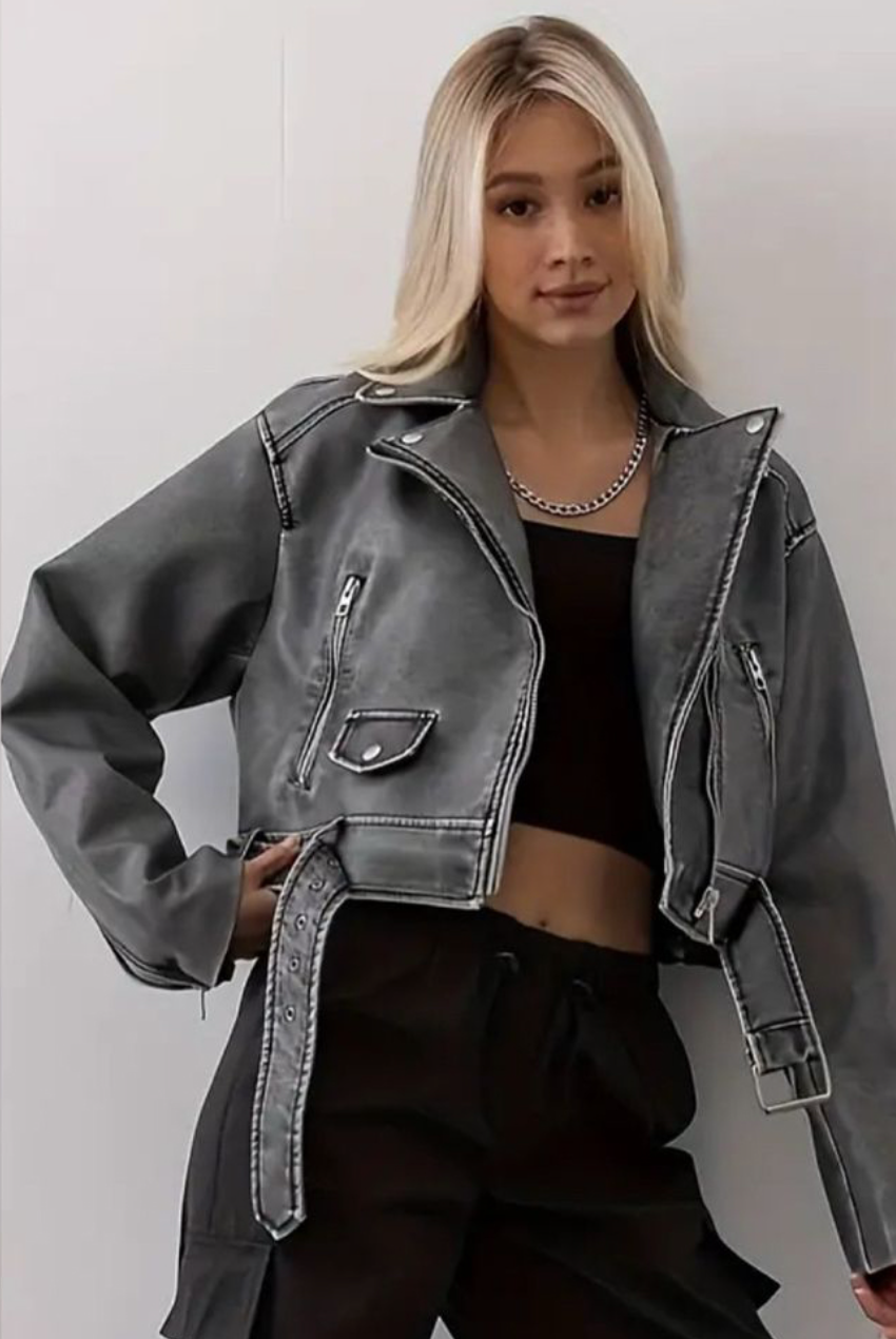 Faux Leather Biker Jacket - Grey