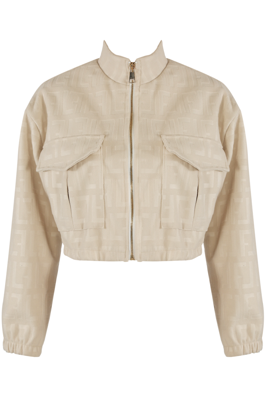 Embossed Key Print Bomber Jacket - Beige