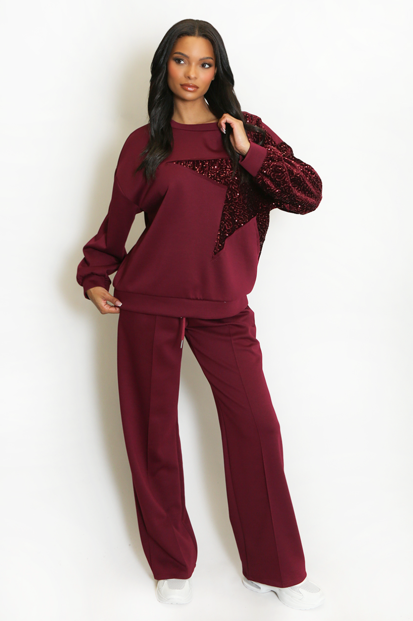 Sequin Star Tracksuit Burgundy – JYY London