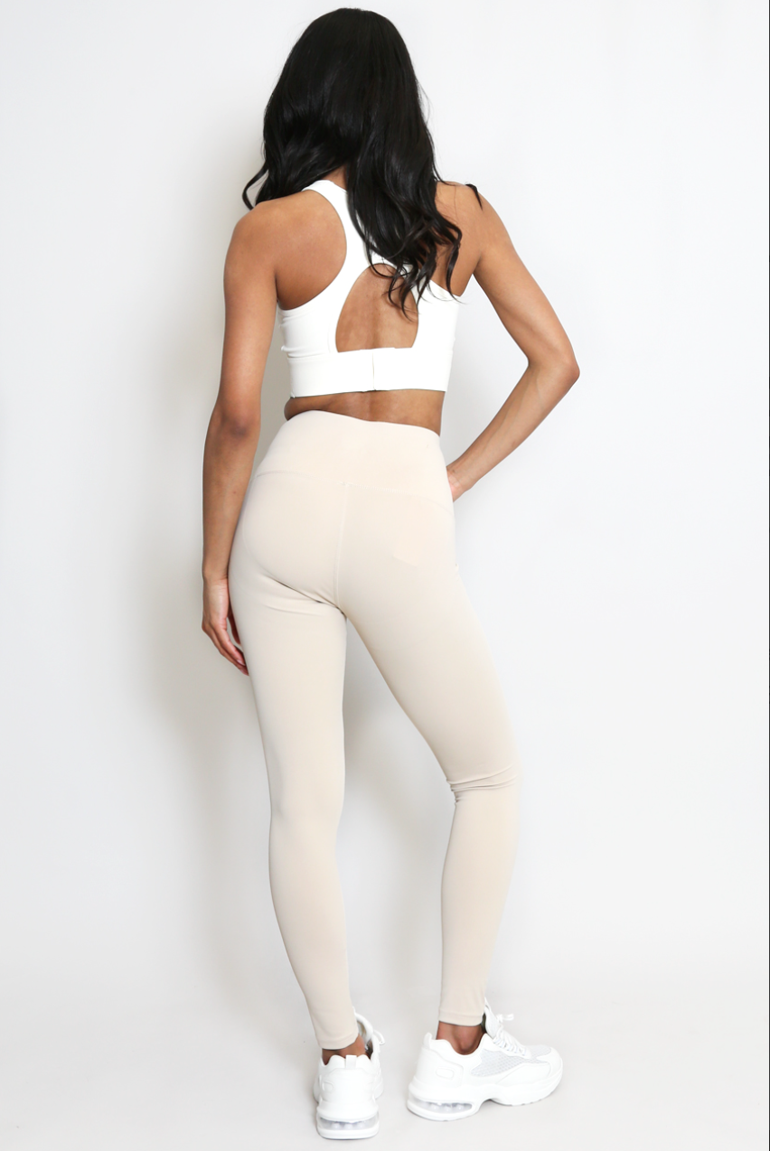 Zip Waist Tummy Tuck Leggings - Beige