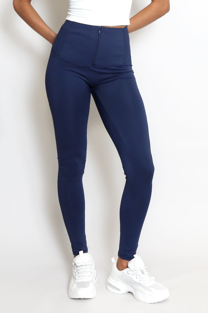 Zip Waist Tummy Tuck Leggings - Navy