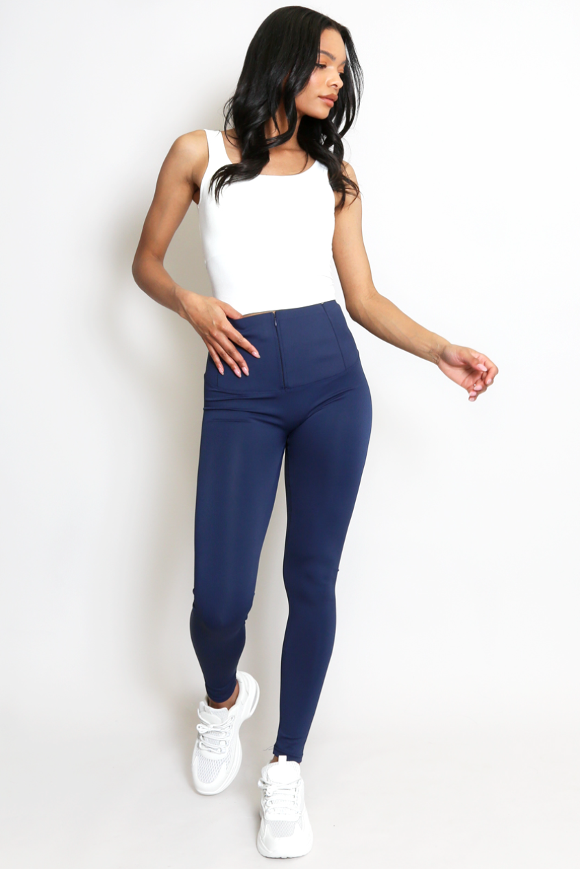 Zip Waist Tummy Tuck Leggings - Navy