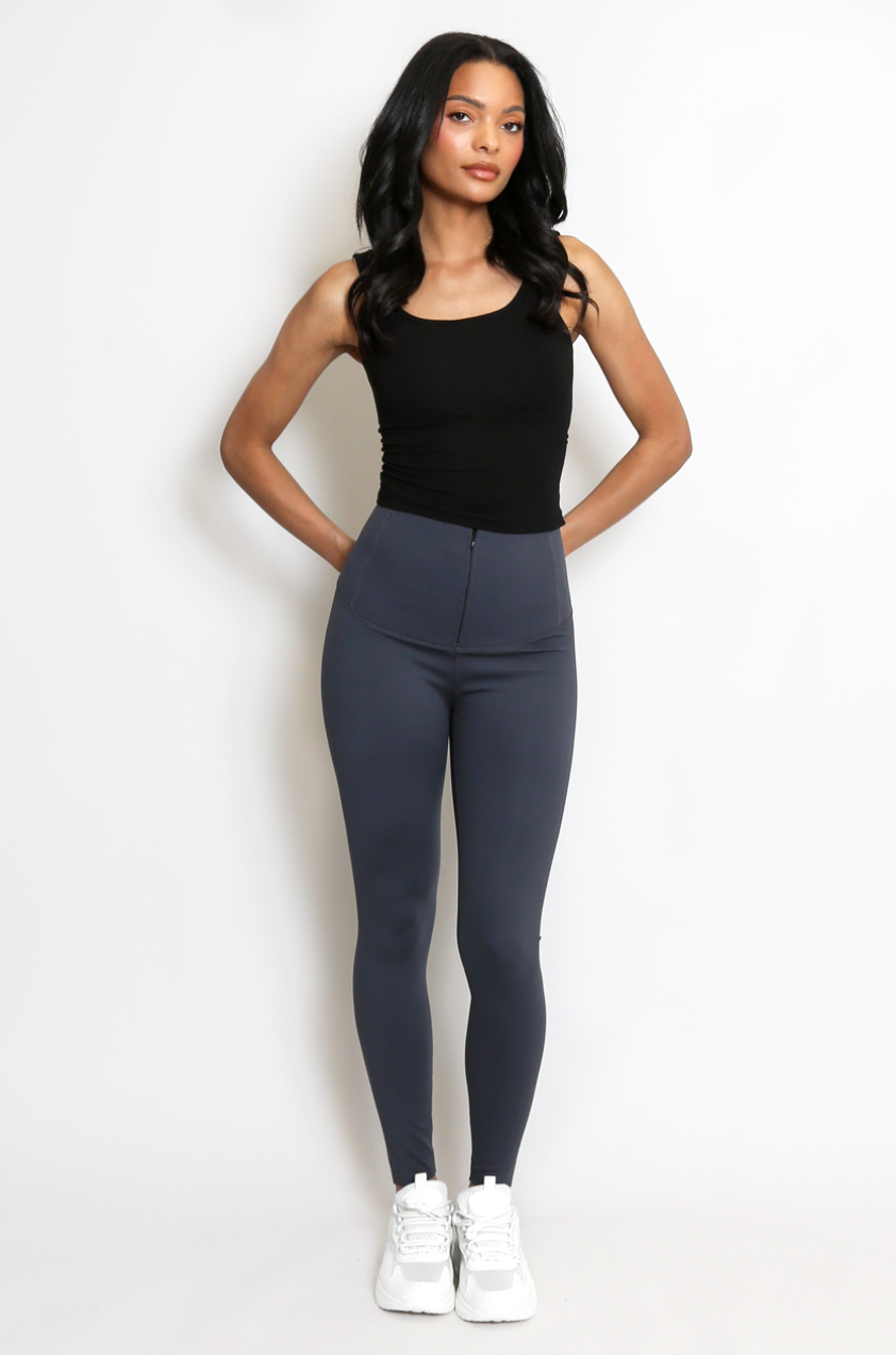 Zip Waist Tummy Tuck Leggings - Dark Grey