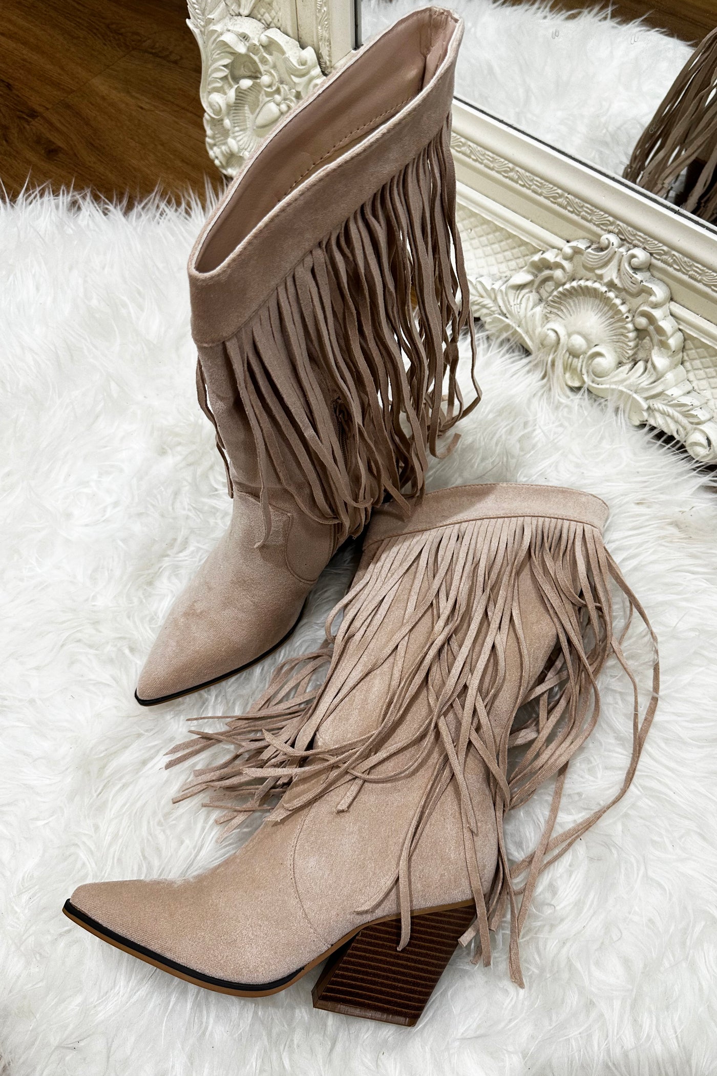 Tassel Cowboy Boots - Beige