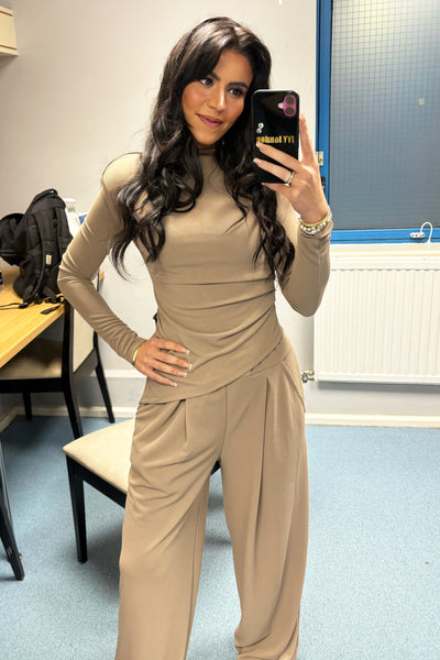Padded Shoulder Asymmetrical Set - Taupe