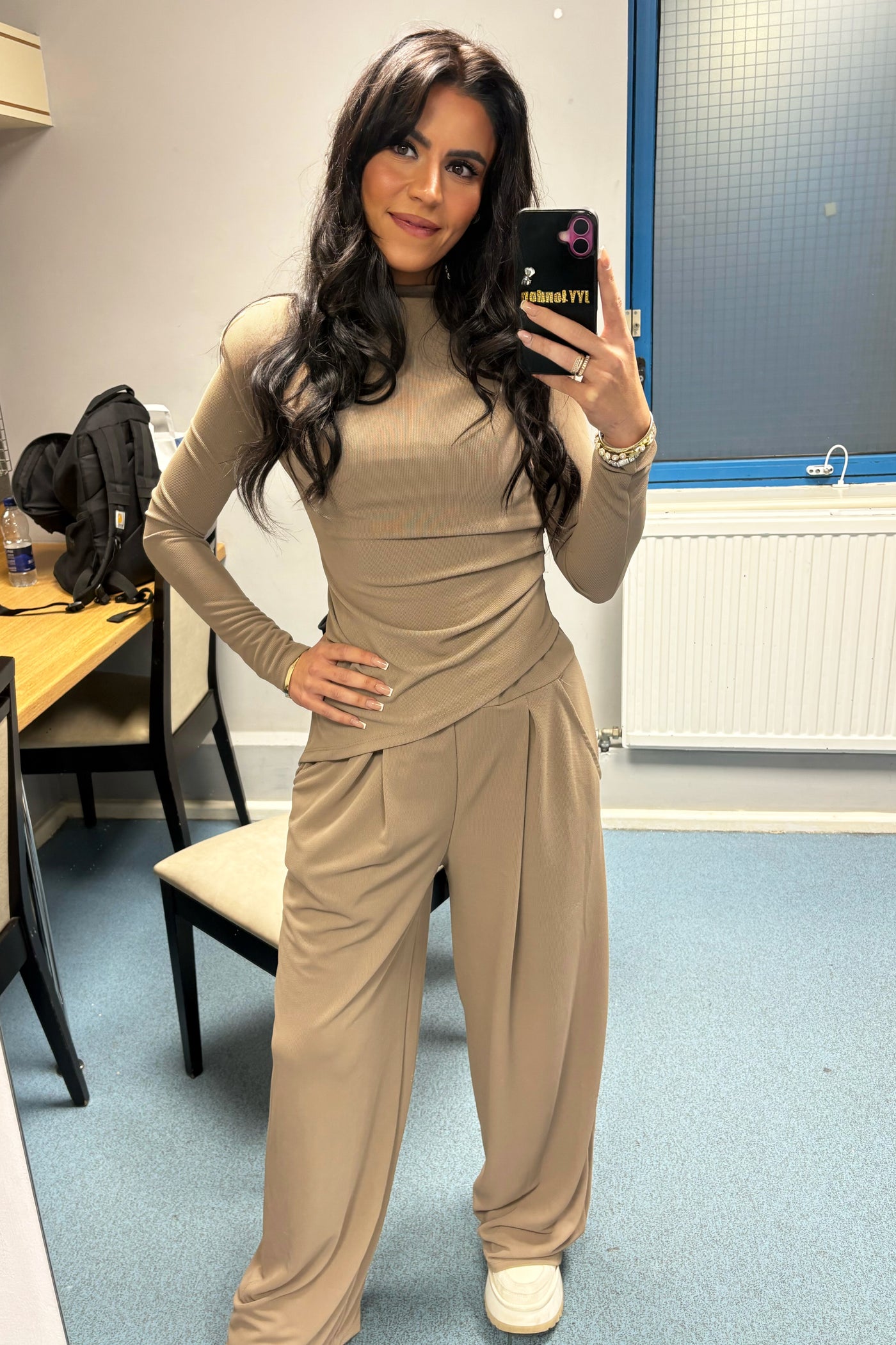 Padded Shoulder Asymmetrical Set - Taupe