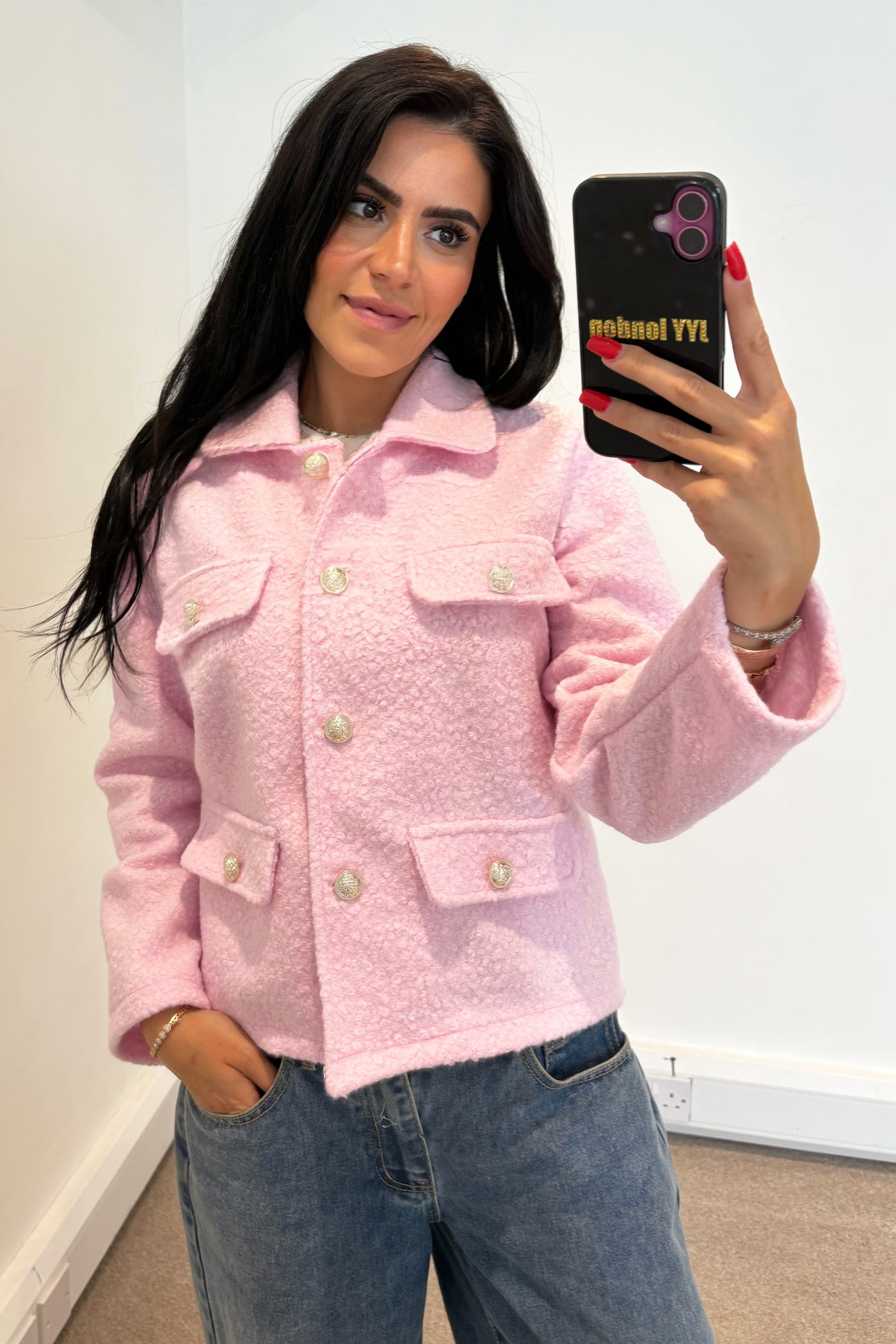 Boucle Gold Button Jacket - Baby Pink
