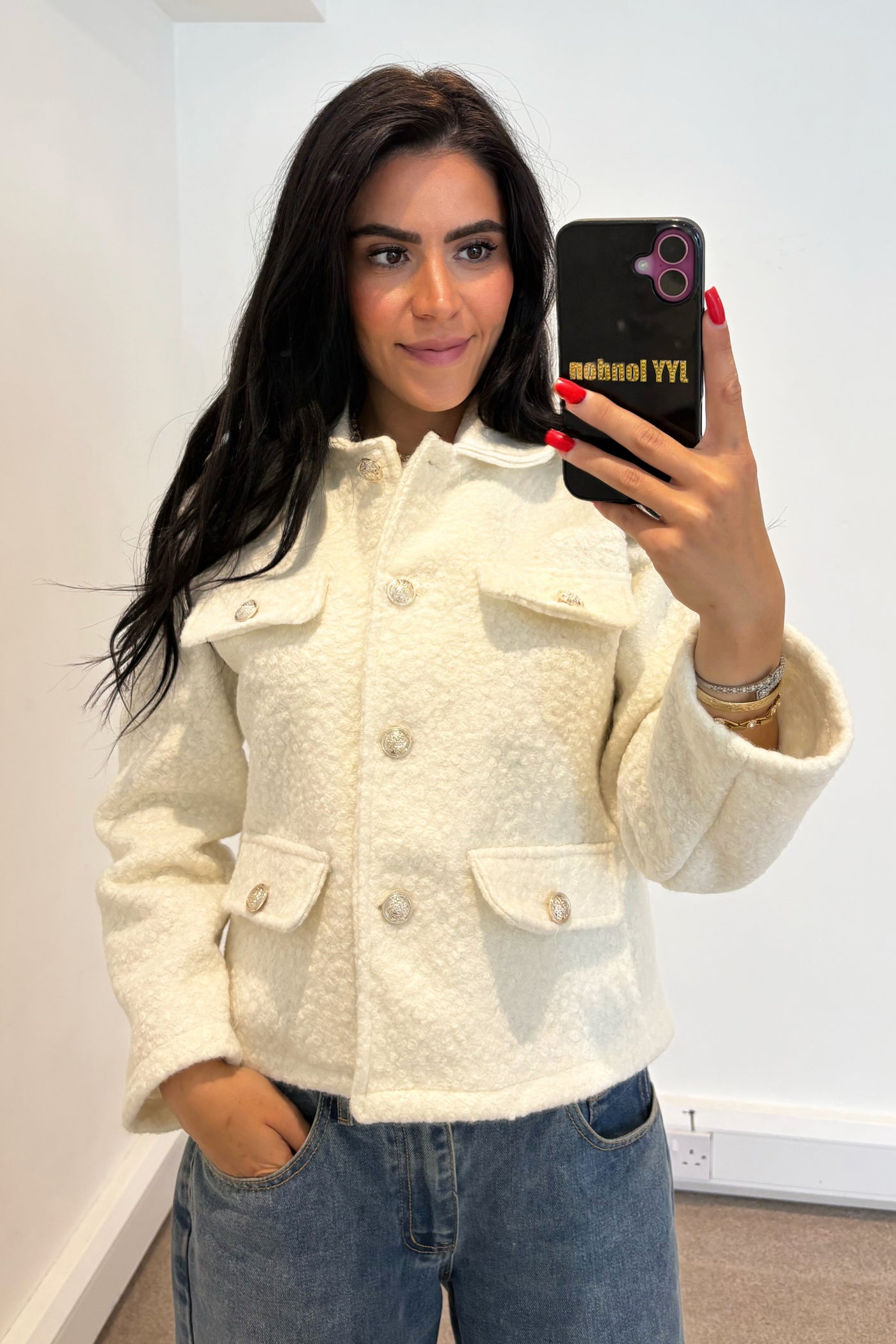 Boucle Gold Button Jacket - Cream