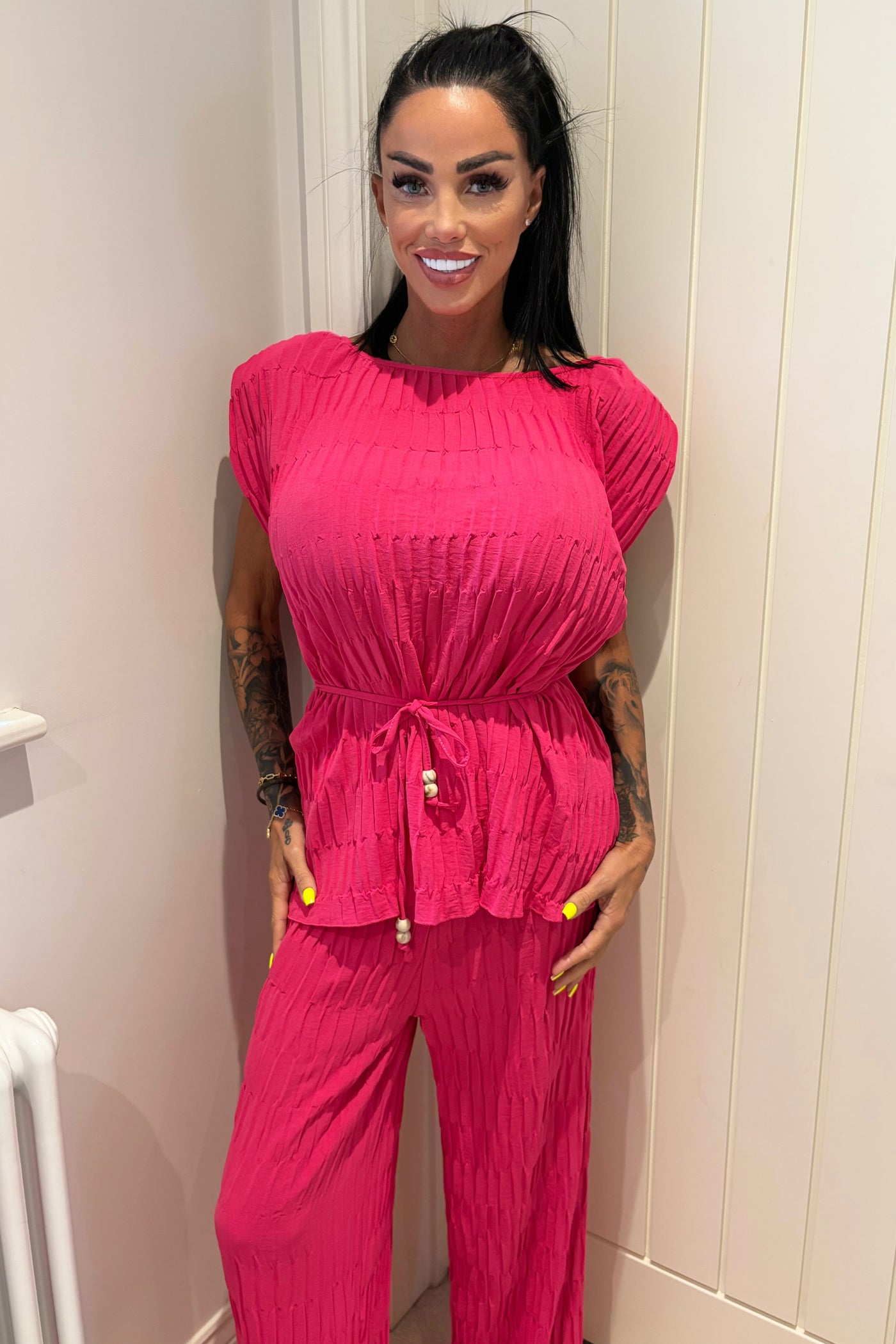 Padded Shoulder Textured Set - Fuschia