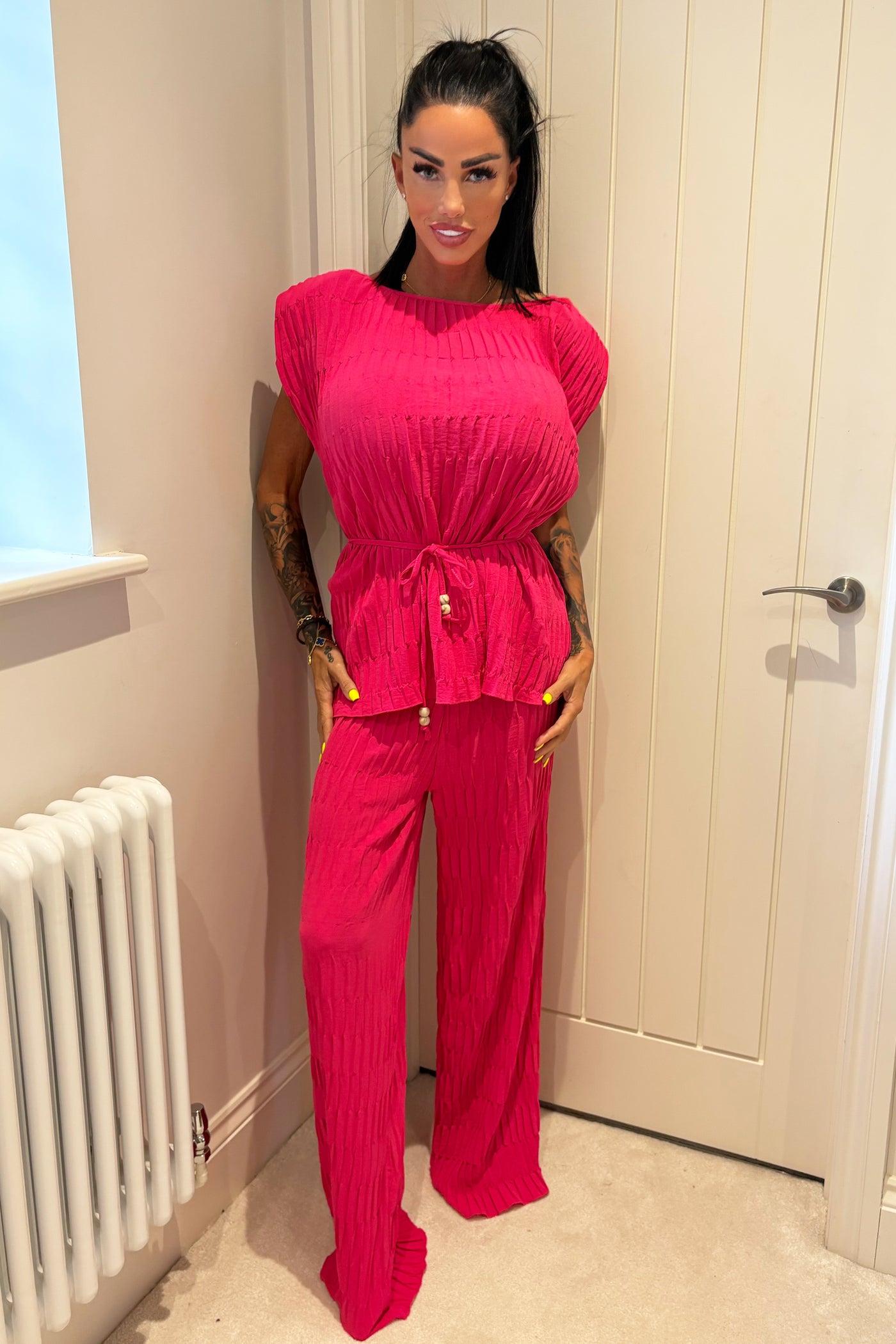 Padded Shoulder Textured Set - Fuschia