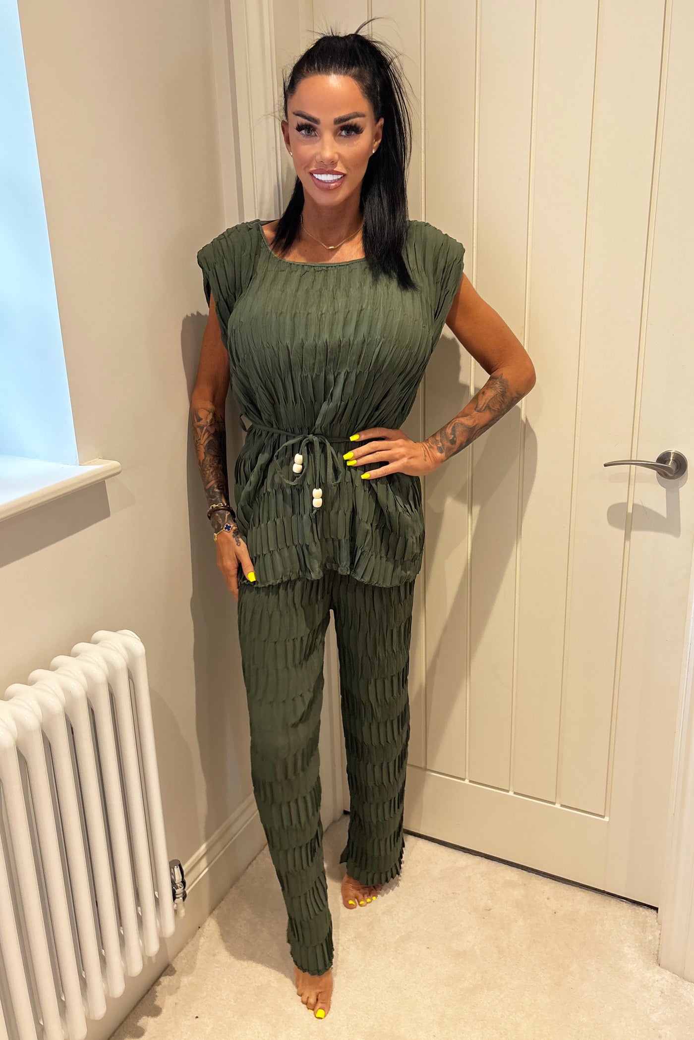 Padded Shoulder Textured Set - Khaki