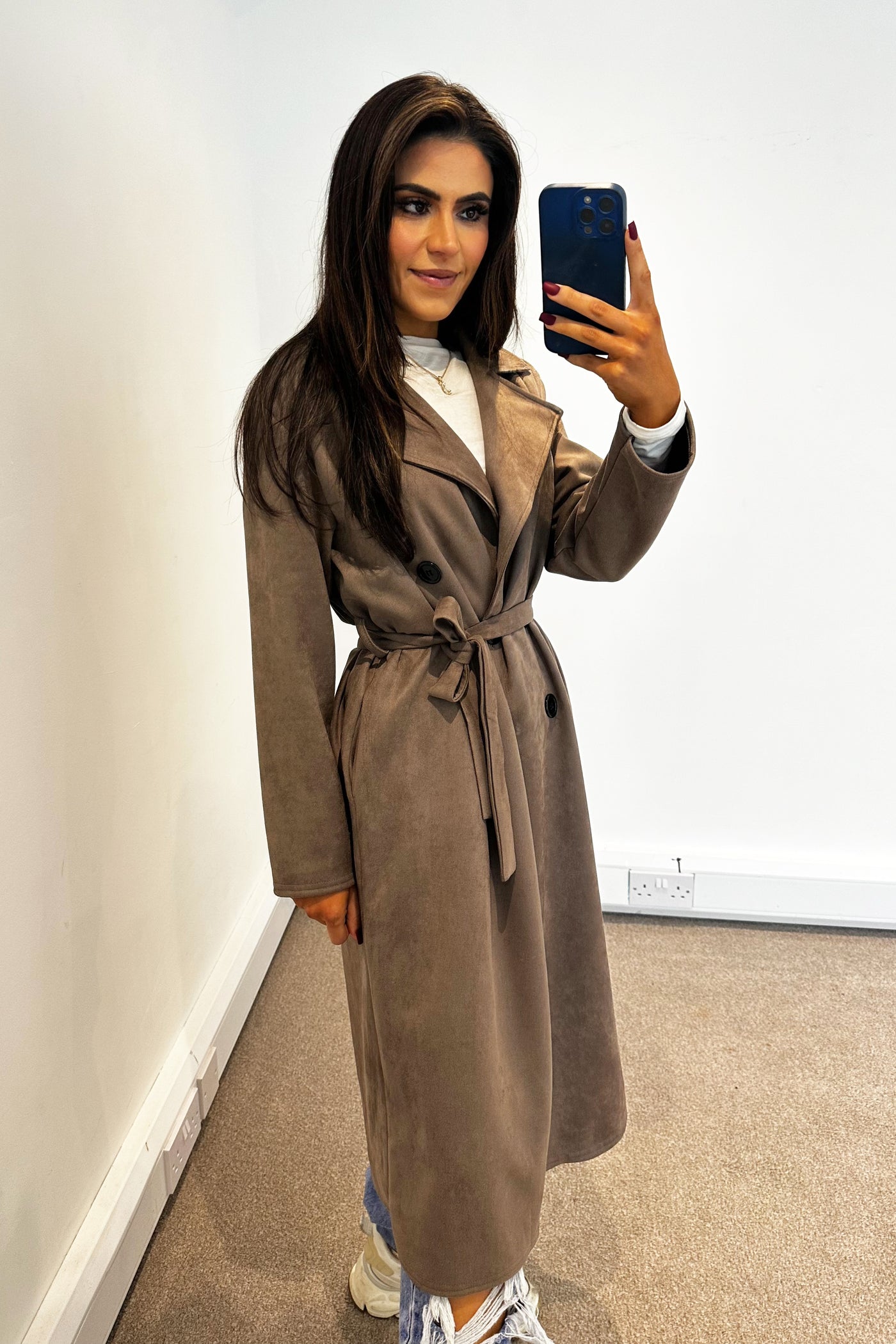 Faux Suede Trench Coat - Mocha