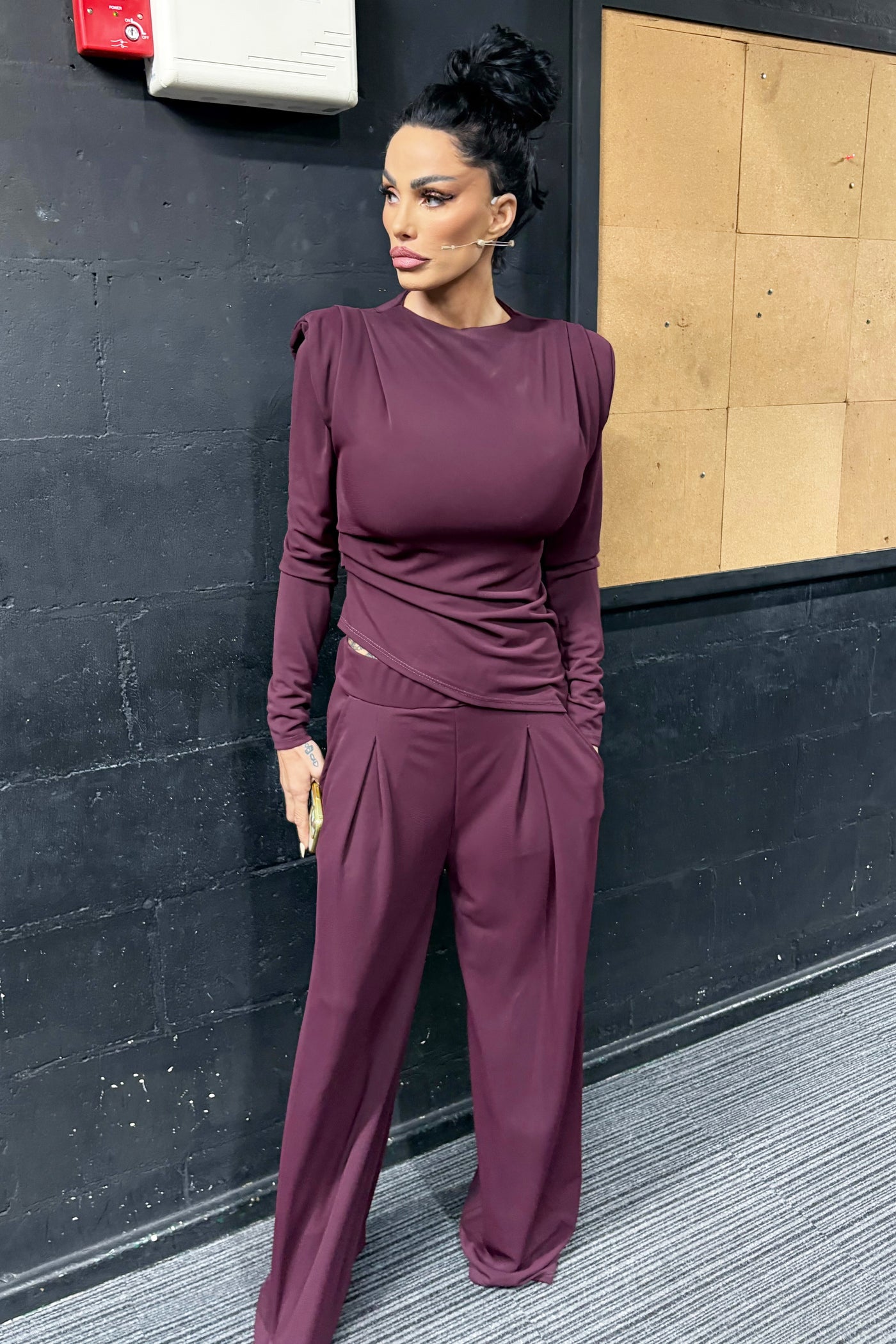 Padded Shoulder Asymmetrical Set - Wine