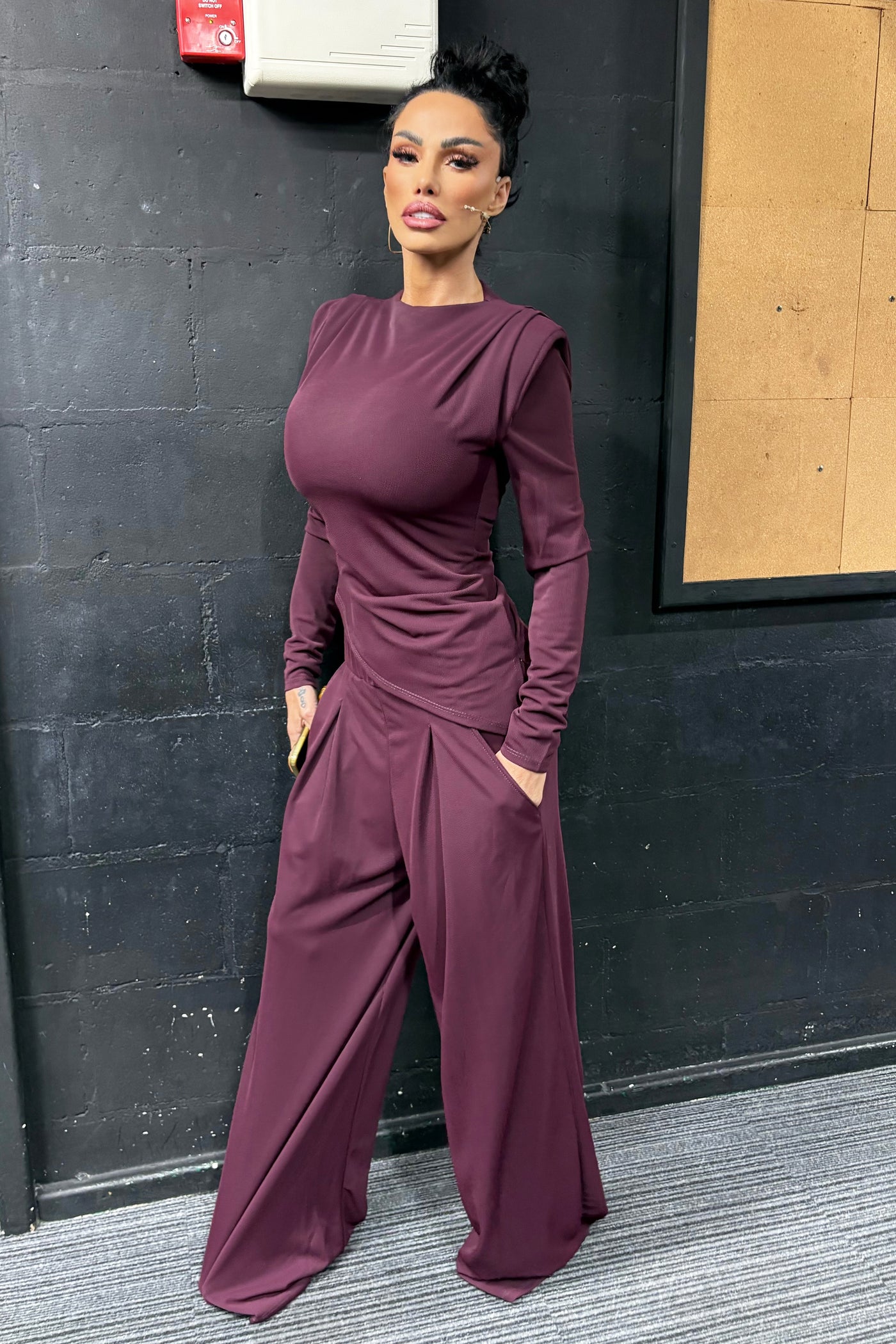 Padded Shoulder Asymmetrical Set - Wine