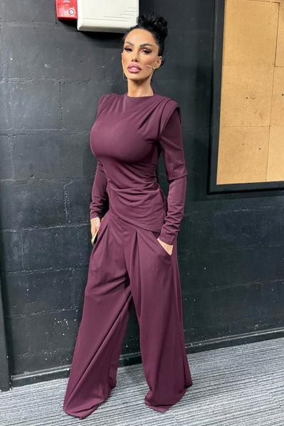 Padded Shoulder Asymmetrical Set - Wine