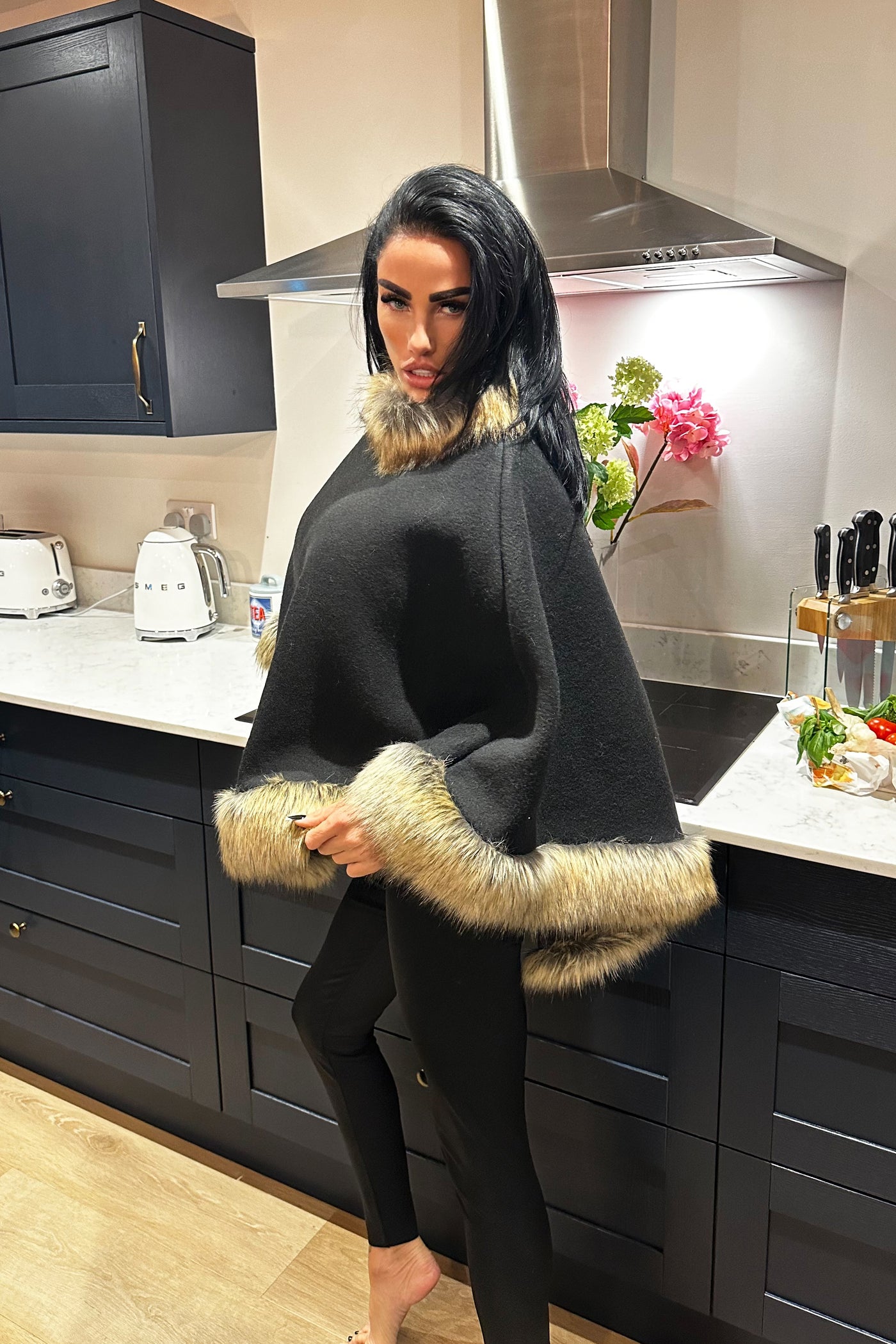 Faux Fur Poncho - Black