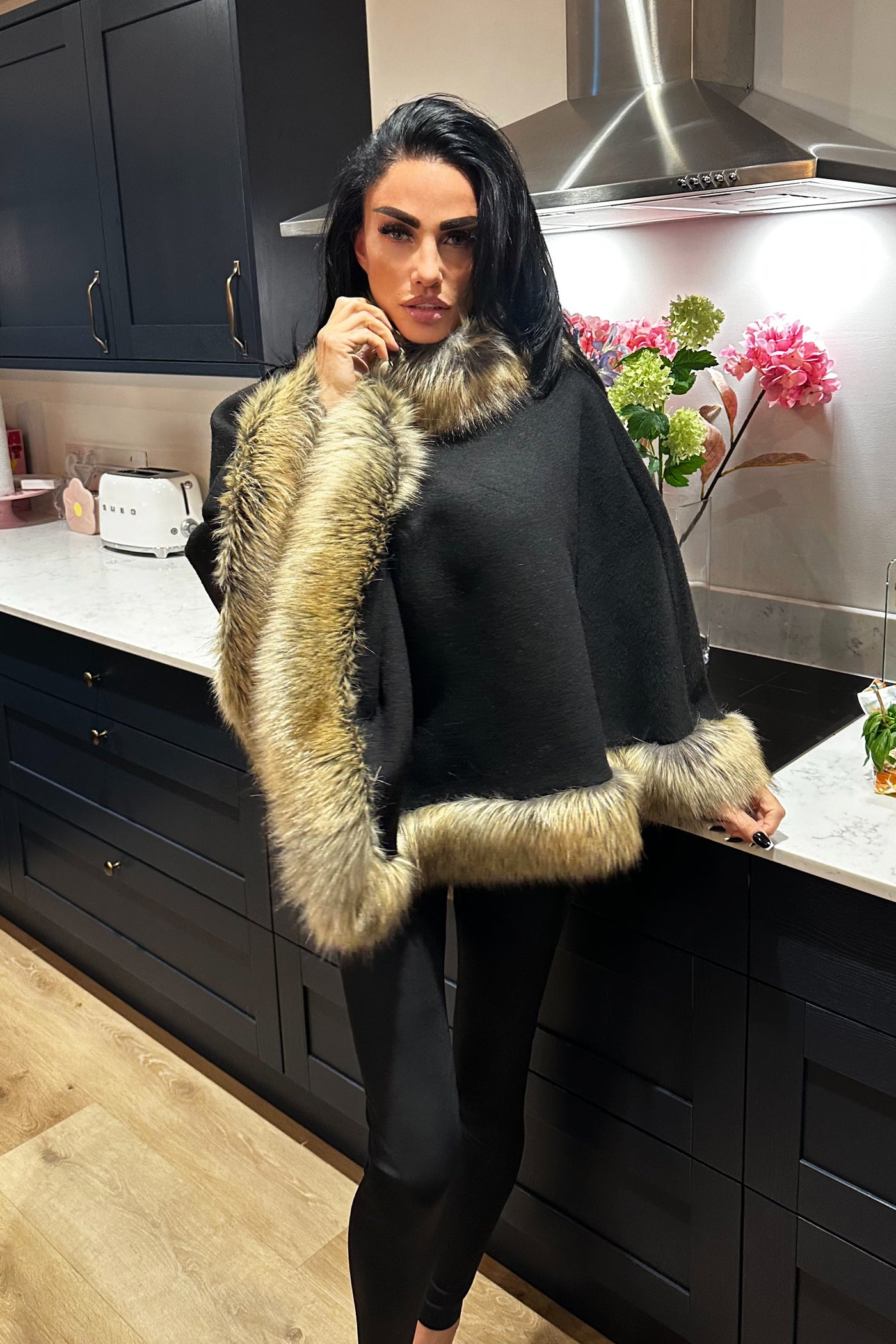 Faux Fur Poncho - Black