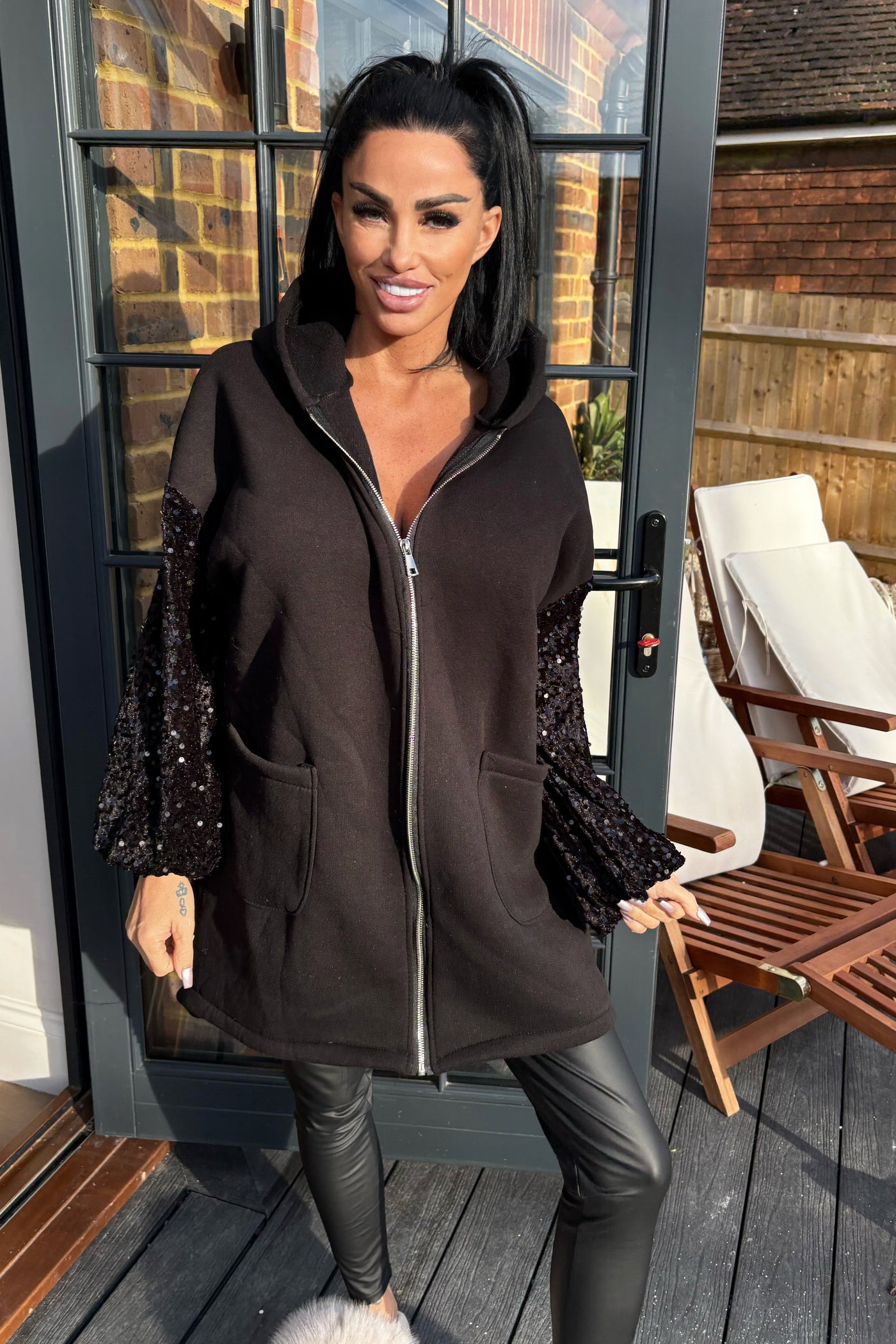 Sequin Sleeve Hoodie - Black