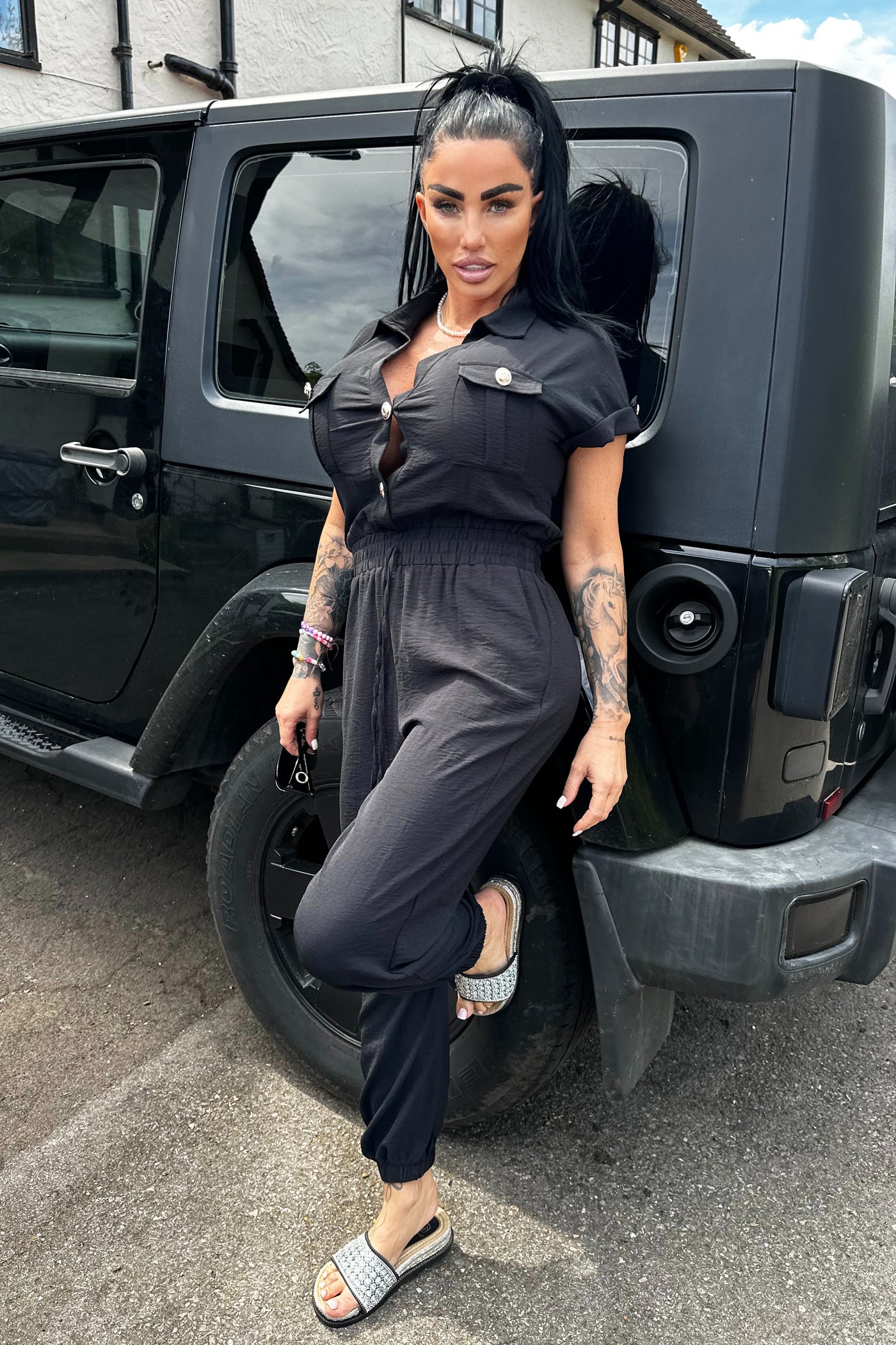 Gold Button Jumpsuit - Black