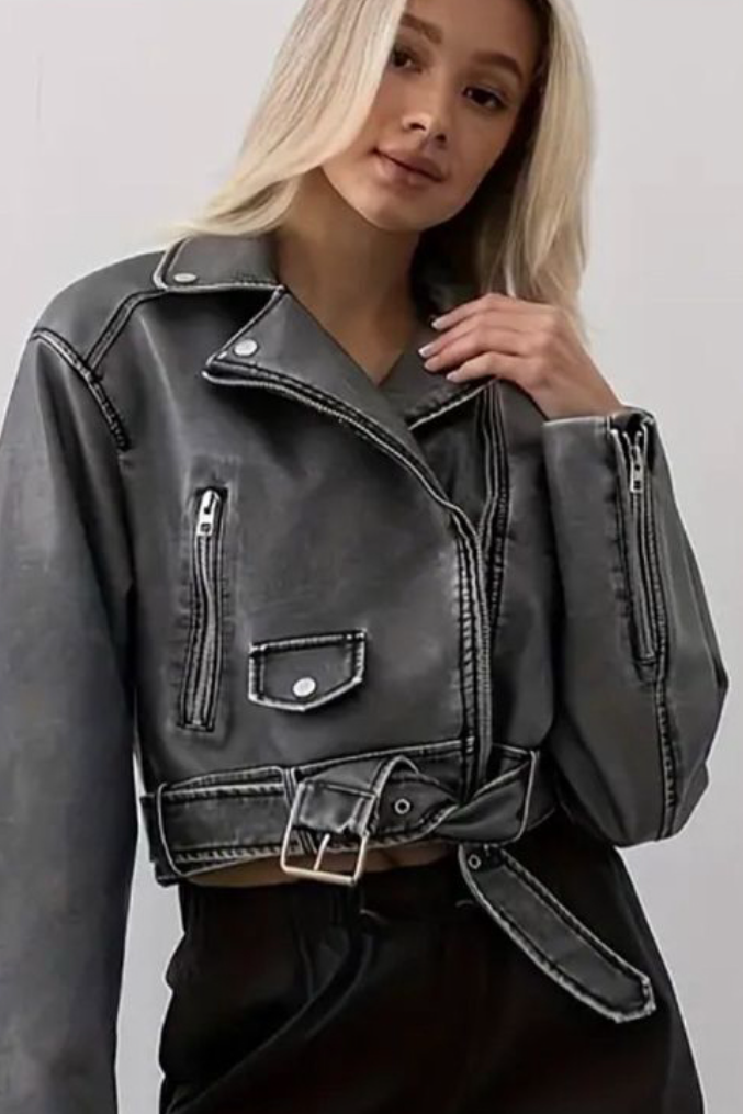 Faux Leather Biker Jacket - Grey