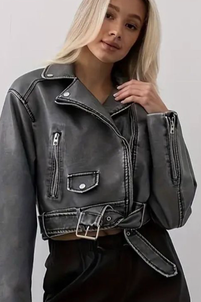 Faux Leather Biker Jacket - Grey