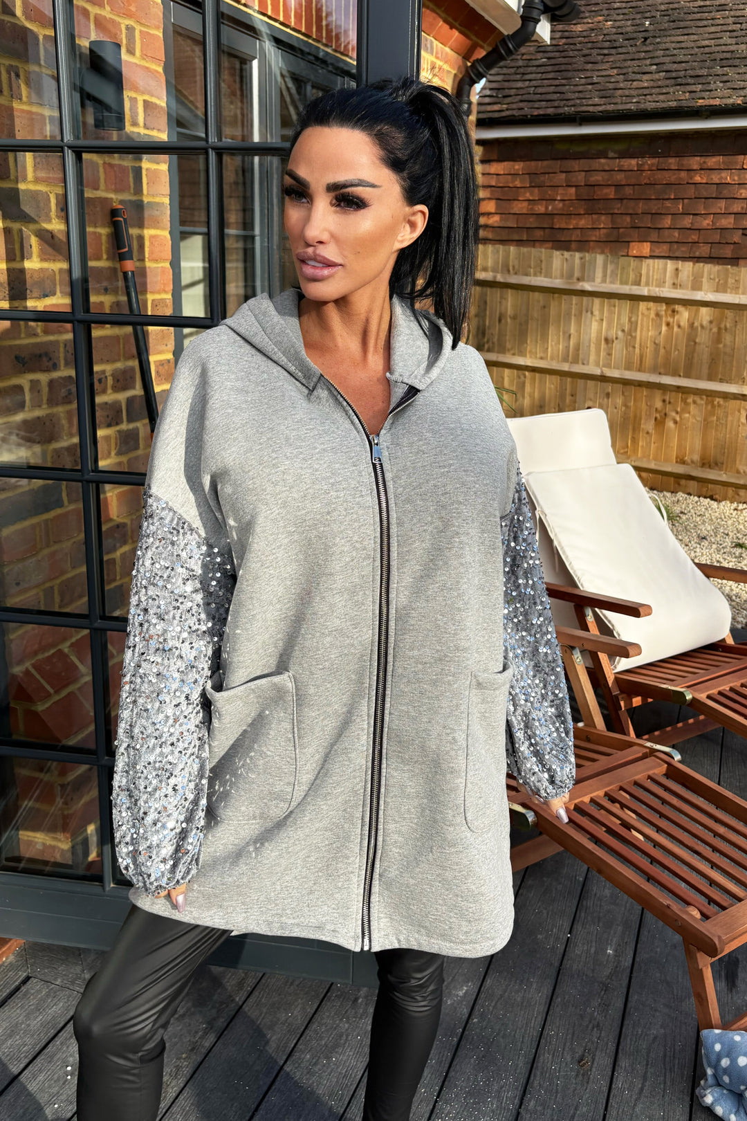 Sequin Sleeve Hoodie Grey PREORDER 6TH DEC