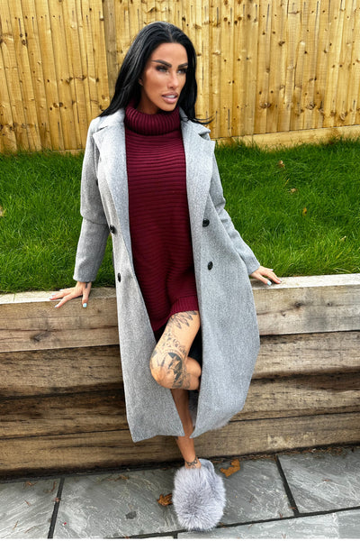 Double Breasted Longline Coat - Grey