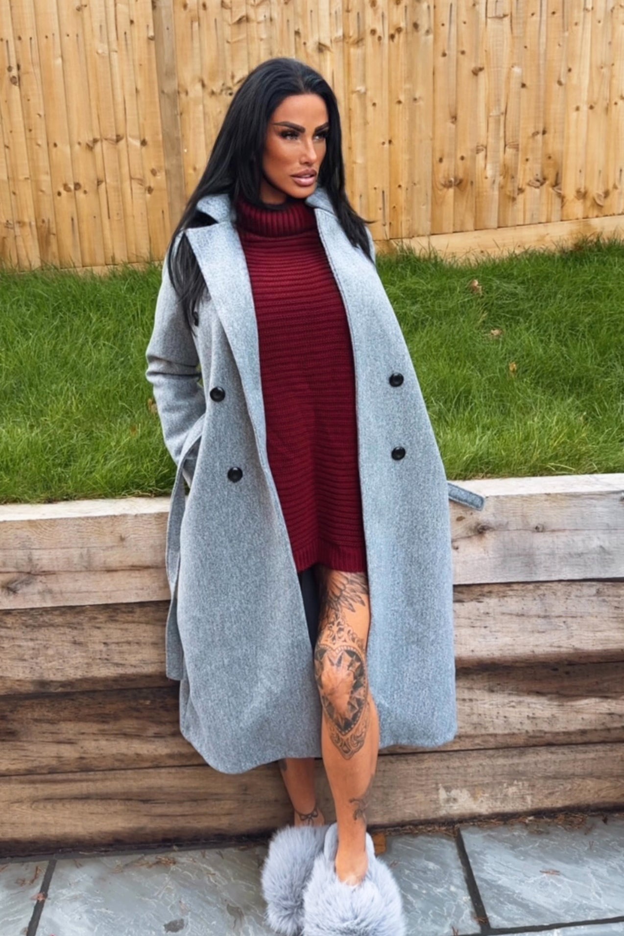 Double Breasted Longline Coat - Grey