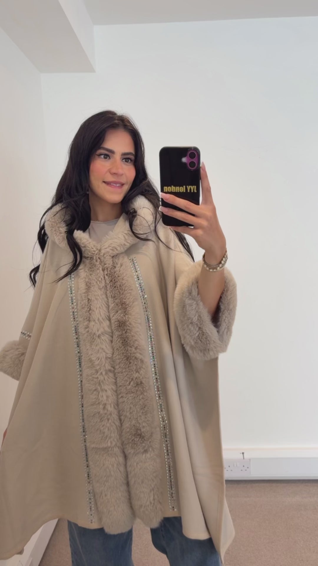 Hooded Diamante Cape - Beige