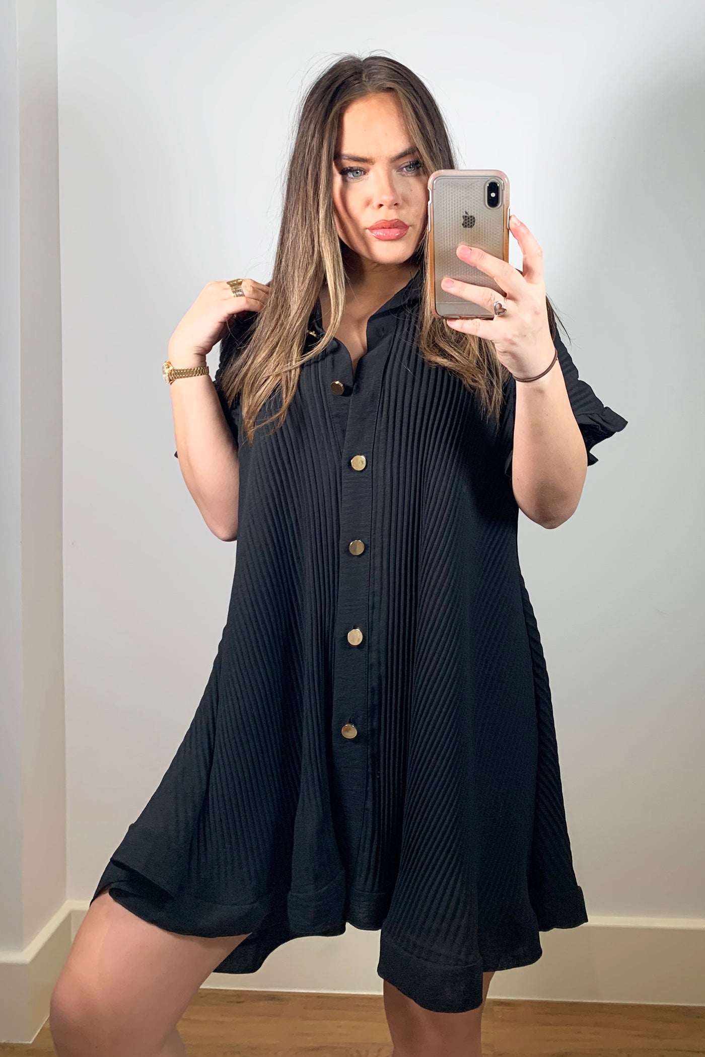 Pleated Button Dress - Black
